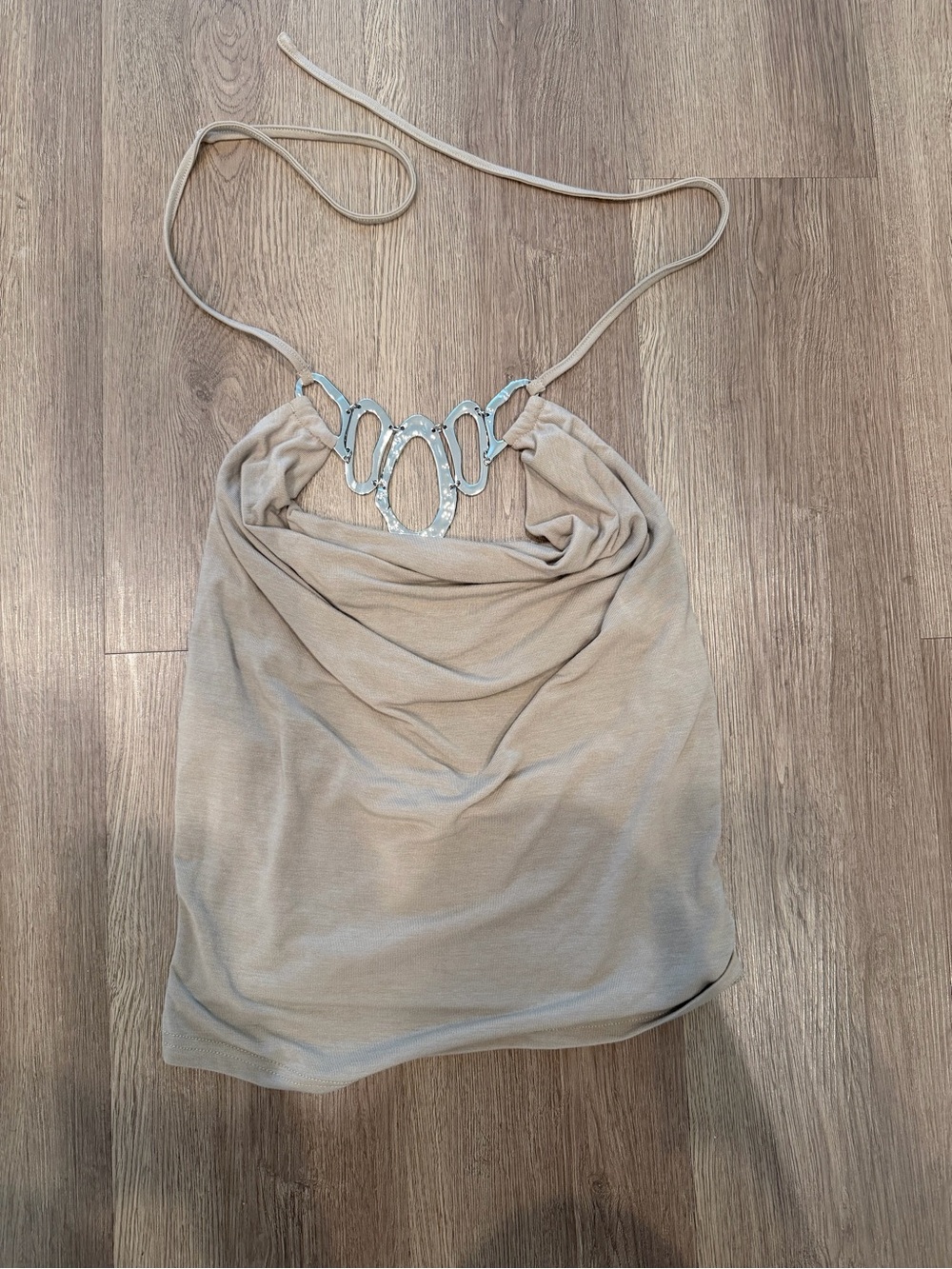 Fashion Nova Beige Halter Cowl Neck Camisole with Silver Accent